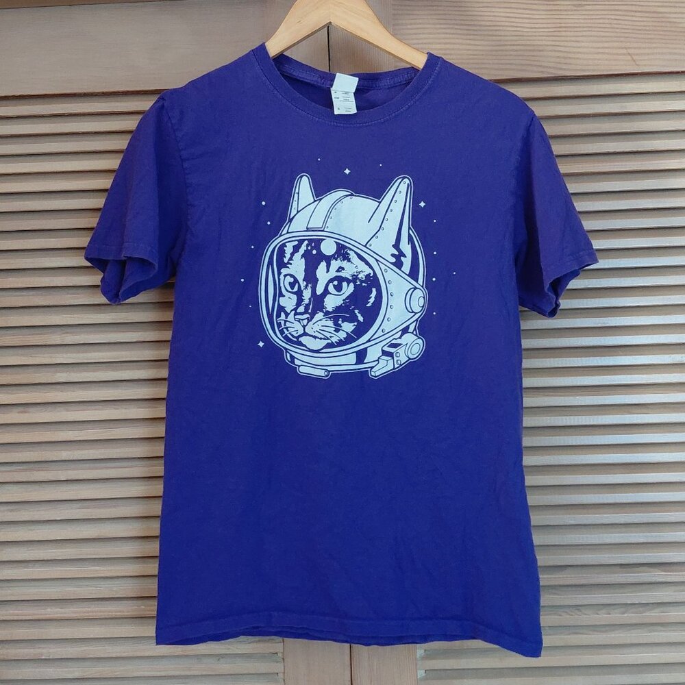 Vintage Style Space Kitty Cat Purple Cotton Tee Shirt Short Sleeve Men's S